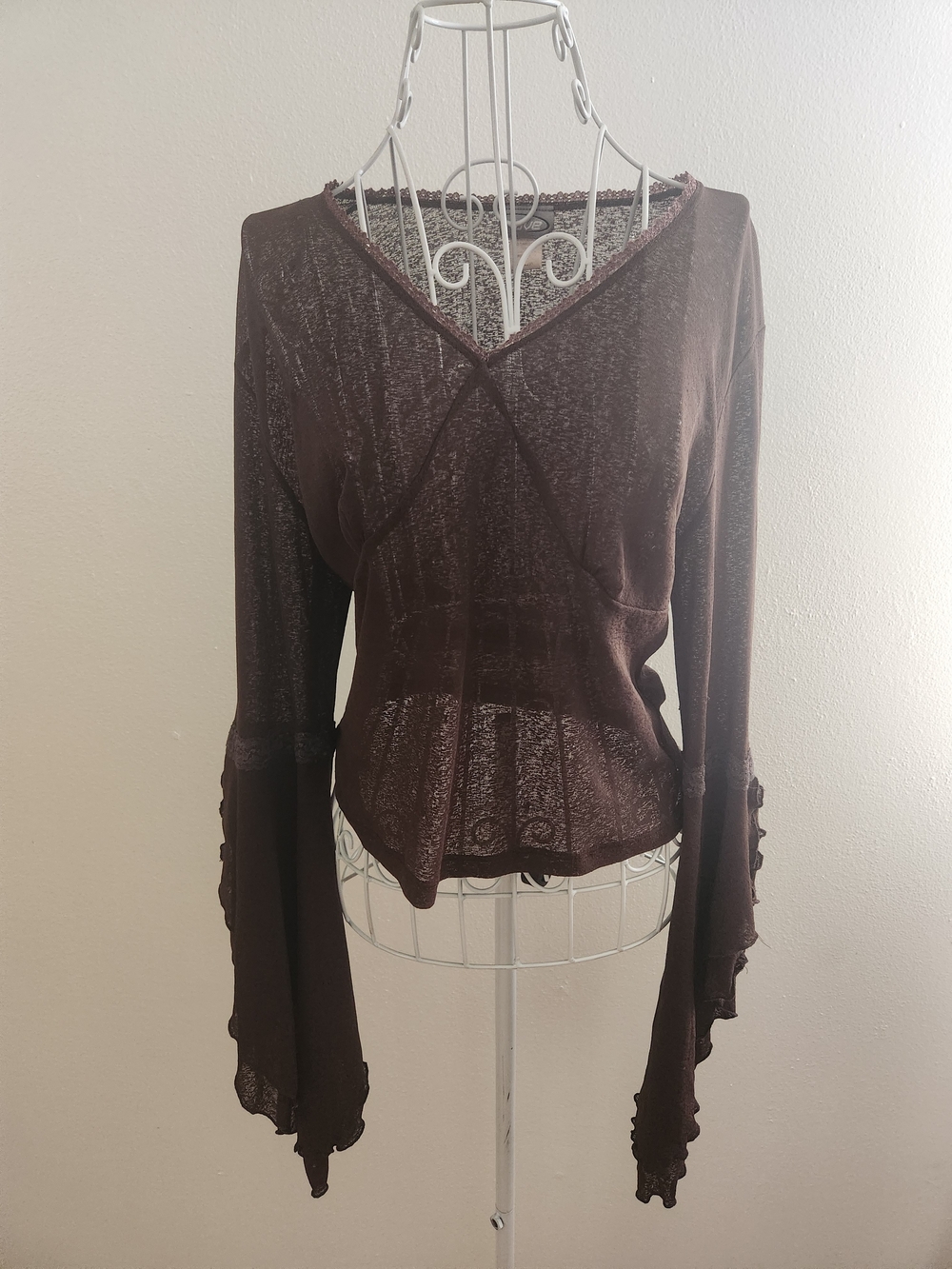 Vintage Y2K Rave Brown Sheer Bell Sleeve Fairycore Top Lace Trim XL Juniors